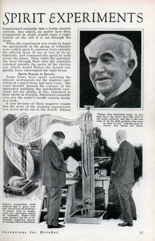 Afterlife experiments conducted by Tom Edison in the 1920s were the subject of an article in 'Modern Mechanix,' October 1933.
