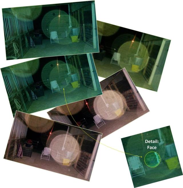 At first glance, these five photos in the collage look about the same, but closer inspection shows the orbs in slightly different positions... suggesting a definite spiritual presence in the barn, not just random light anomalies. Some of the photos even seem to have spirit faces peering out. See the highlighted example, lower right.
