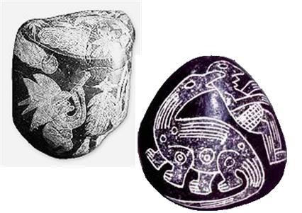 These are among thousands of ancient andesite stones, meticulously carved many millions of years ago, which were dug up recently near Ica, Peru, and which offer a very rare glimpse into life on Earth in the eons following the fall of Eden, or Marduk. One shows ancient star-gazers watching the ominous trajectories of the asteroids from Eden, the other shows humans contending with dinosaurs.