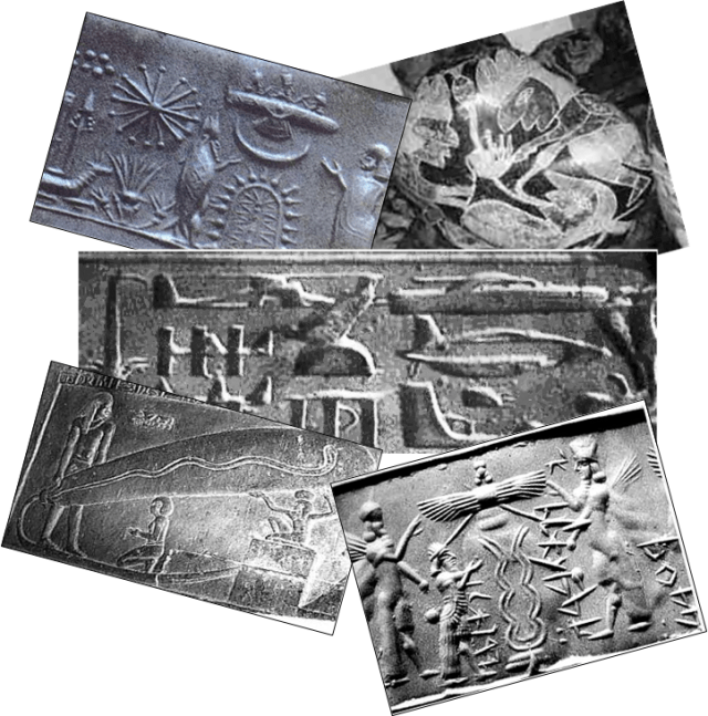 Snapshots from Atlantis (clockwise from top left): 1) Reptilian ET and superhuman observing a hovering craft, 2) heart surgery, 3) Atlantean vehicles, 4) probably a portal or gateway to other dimensions, and 5) a large Atlantean light bulb held by a Titan.