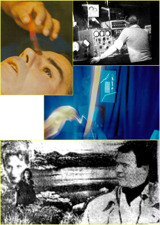 Clockwise, from top left: (1) George Meek captures on film a blast of energy from the healing hands of Filipino healer Josephine Sison; (2) psychically gifted Bill O’Neil is funded by George Meek to develop the Spiricom device, which provides the first-ever extended dialog with spirits through electronic equipment on a fairly reliable basis; (3) George Meek captures an OBE on film while meditating in his lab; and (4) Jeannette Meek, a few years after her death in 1990, sends her husband George a picture (through a computer in Luxembourg) of herself, their daughter Nancy Carol (who died in infancy), and Hollywood producer Hal Roach, the three of whom happen to reside in the same paradise community on the 4th spiritual level.