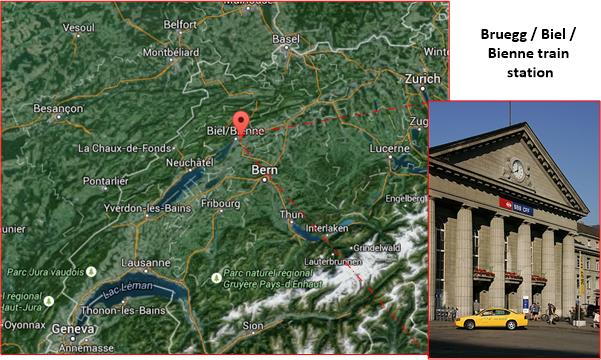 Bruegg/Biel/Bienne along the northern edge of the Swiss Alps. (GoogleMaps) Inset: Biel Train Station (photo by Roland Zumbühl on wikipedia).