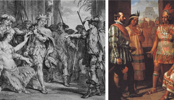 Early artworks depict Inca leader Atahualpa being tried and sentenced in 1533 by Spanish conquistadors, to the horror of attending tribeswomen... who kill themselves following the hanging of their beloved leader. The sketch on the left is probably a more accurate depiction of both the feathered clothing and the fevered passion of the moment. A death sentence seems inconceivable to the Inca people and their leader, who’ve been generous, accepting, and friendly toward the visiting Europeans. Unfortunately, the Spaniards at the time are still emerging from centuries of brutal injustice throughout Europe, starting with the Medieval Inquisition around 1200, and following up with witch trials of the late 1400s, and the Spanish Inquisition that is still raging well into the 1500s. 