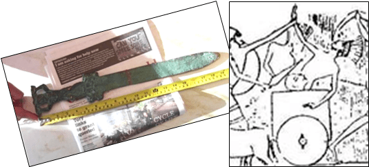 This old, corroded sword (left) was reportedly dug up from a mysterious, ancient cache on Oak Island, Canada, this year. Swords of similar relative size were etched into ancient stone reliefs (right), depicting battles between Egyptians (in chariots) and “invading Sea Peoples from the north.”
